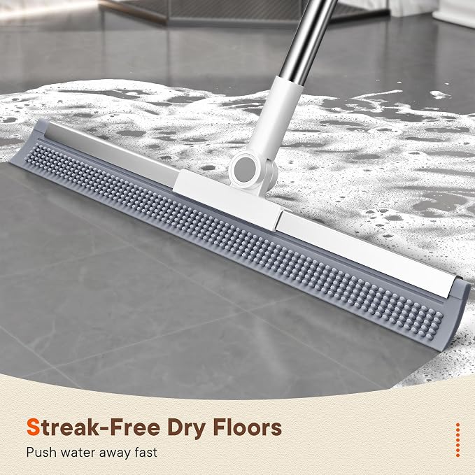 2-in-1 Floor Squeegee Broom, 180-Degree Head, 2 Microfiber Pads | 62-Inch Long Handle for Water Removal and Pet Hair on Tile and Concrete in Bathrooms, Kitchens, Showers, Garages and Patios