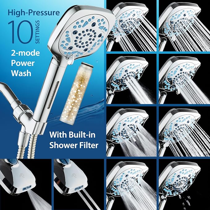 AquaCare High Pressure 10 Spray Mode Filtered Showerhead - Handheld Shower Head Filters Chlorine to Heal Dry Skin, Revive Hair - Dual Power Wash Cleans Tub, Tile, Pets - Hard Water Softener, Chrome
