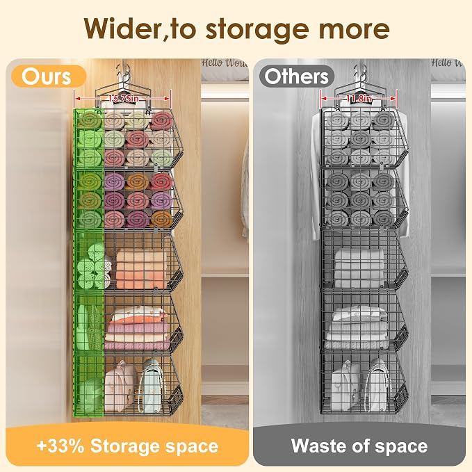 4" Extra Deeper Hanging Closet Organizers and Storage,4 Tier Foldable Wire Cabinet Shelves with 5 S Hooks,Small Metal Basket Bins for Clothes Sweaters Handbags, Wardrobe for Kitchen Laundry Room，Black