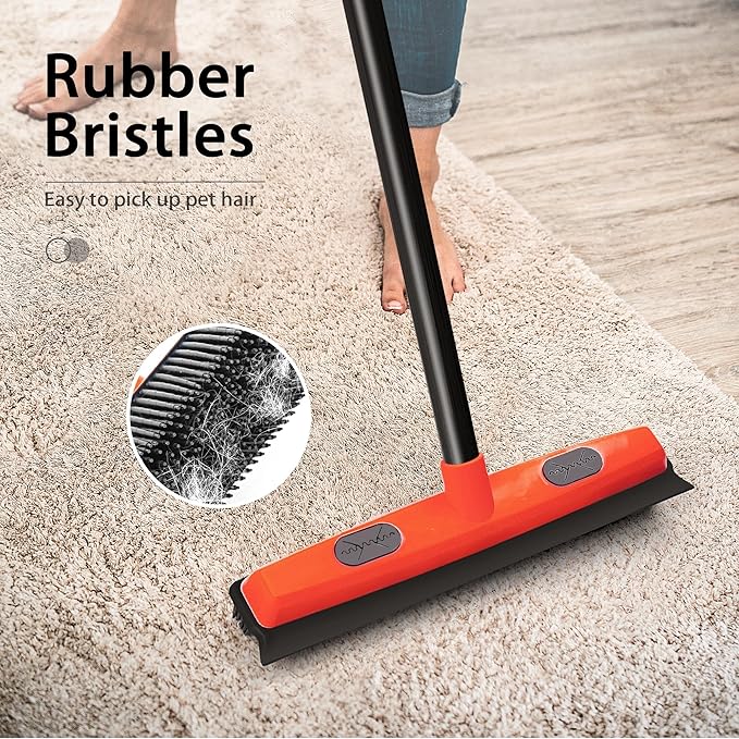 JEHONN Rubber Broom Carpet Rake Brush for Pet Hair with Squeegee, 52.8 inches Long Handle Silicone Fur Scraper Removal Tool with Detailing Lint Comb for Rug, Tile, Hardwood Floor Cleaning (Red)