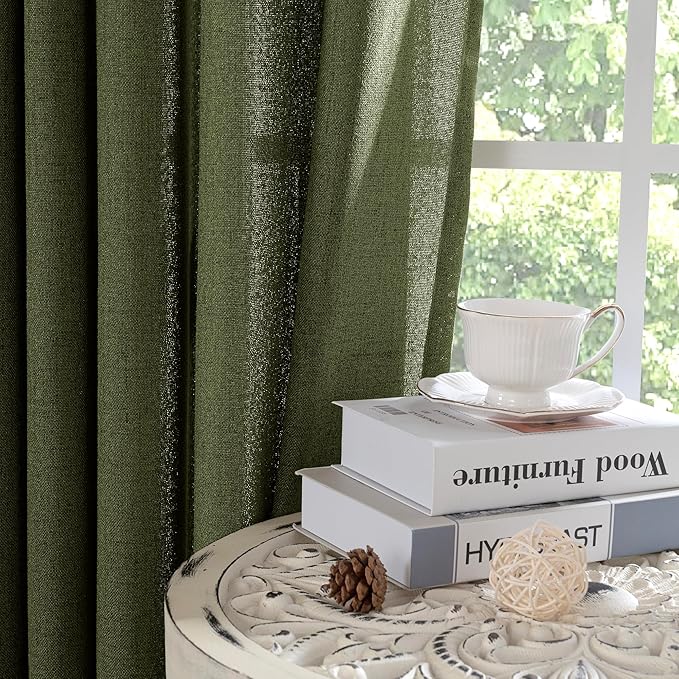 YoungsTex Olive Green Linen Curtains 45 Inch Length, Short Window Drapes Light Filtering Textured Semi Sheer with Rod Pocket Back Tab for Kitchen Living Room, 2 Panels, 42 X 45 Inch