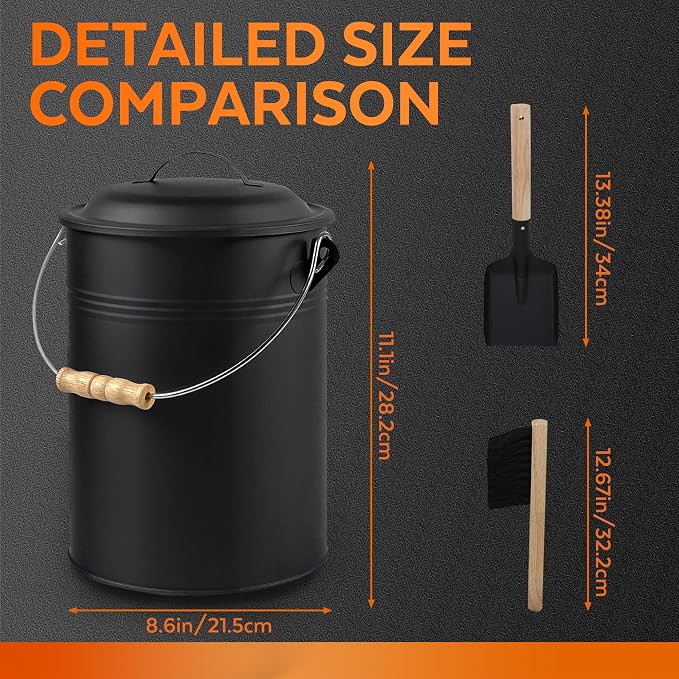 Ash Bucket with Lid and Shovel, 2.5 Gallon Ash Bucket for Fireplace, Complete Fireplace Tools Set, Fireplace Bucket for Ashes for Wood Stove