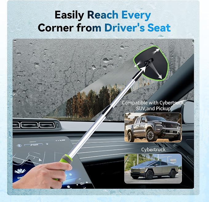 XINDELL Interior Windshield Cleaner Tool, Car Window Cleaning Kit with 4 Reusable Microfiber Pads, Extendable Handle & 360° Rotating Head, Safety Hammer, Streak-Free Auto Glass Wiper for Truck SUV RV
