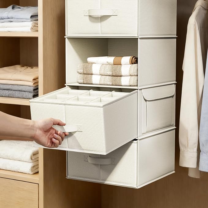 Vailando 6-Shelf Hanging Closet Organizer with 3 Fabric Drawers, Beige | Removable Fabric Drawers, Side Pockets, Reinforced Structure, Space-Saving Storage for Clothes, Nursery and Dorm Rooms