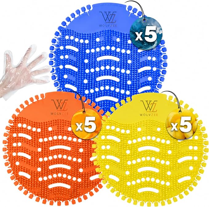 Urinal Screen Deodorizer (15 Packs) with 30 Gloves | 3 Fresh Scents, Ocean,Orange, Lemon|Urinal Cakes |Anti-Splash - Odor Protection for Toilets in Bathroom Restaurant Office Stadium School