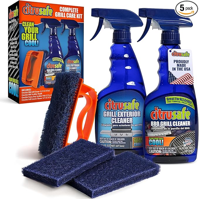 Grill Care Kit - BBQ Grid and Grill Grate Cleanser, Exterior Cleaner, and Scrubber by Citrusafe (16 oz Each)