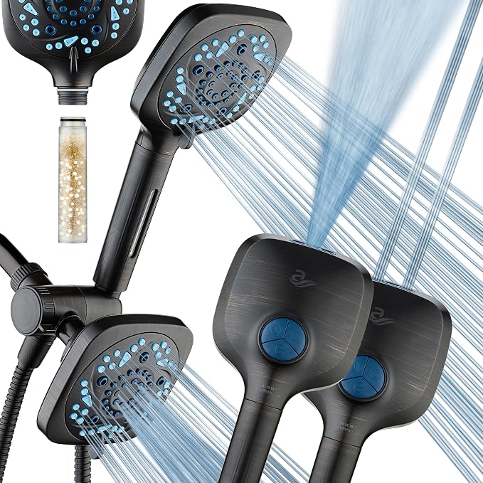 AquaCare 82-Mode High Pressure 6-way Combo with Filter & 2-mode Power Wash | Filters Chlorine & Toxins, Softens Hard Water for Healthy Skin & Hair. Handheld Shower Head Cleans Tub, Tile & Pets / Bronze