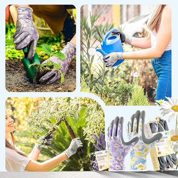 COOLJOB 2 Pairs Gardening Gloves for Women Ladies, Breathable Rubber Coated for Yard Garden, Outdoor Indoor Protective Work, Small, Floral Pattern
