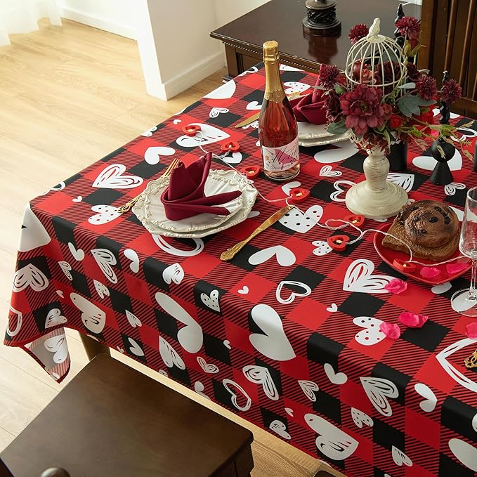 Valentine's Day Tablecloth Fabric - Oblong 58x120 Water Resistant Love Themed Plaid Table Cloth for Indoor/Outdoor Use - Love Heart Romantic Gifts Perfect for Birthday, Picnics, Parties