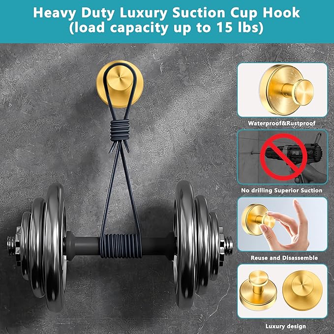 Suction Cup Hooks for Shower,Wreath Hanger for Front Door,Removable No Drill Waterproof Towel Loofah Hook,Upgraded 15 lbs Strong Suction Metal Hooks for Bathroom,Wall,Garland Glass Door-Gold 4 Pcs