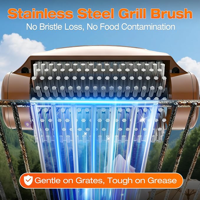 Misshappy Electric BBQ Grill Brush - 4000mAh Cordless BBQ Grill Cleaner 2 Speed - 800RPM Bristle Free Electric Grill Cleaner for Outdoor Grill Rechargeable with Scraper/LED Light/LED Display (Brown)