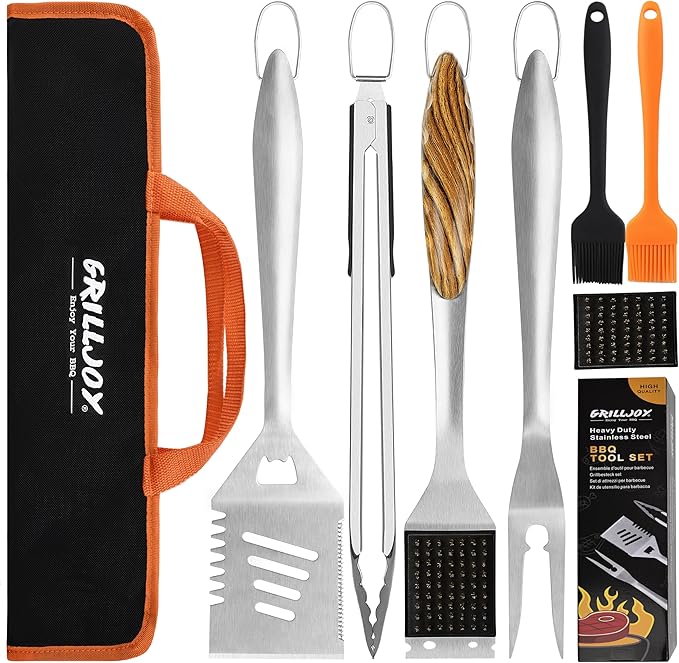 Grilljoy 8PCS BBQ Grill Tools Set with Extra Thick Stainless Steel Spatula, Fork, Tongs & Cleaning Brush - Complete Barbecue Accessories Kit with Portable Bag - Perfect Grill Gifts for Father's Day