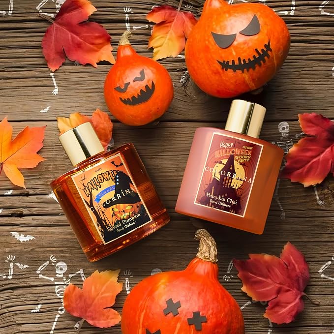 Reed Diffuser - Spiced Pumpkin 6.7 fl oz Scented Diffuser with 8 Sticks Home Fragrance Bathroom Shelf Decor (Halloween Collection)