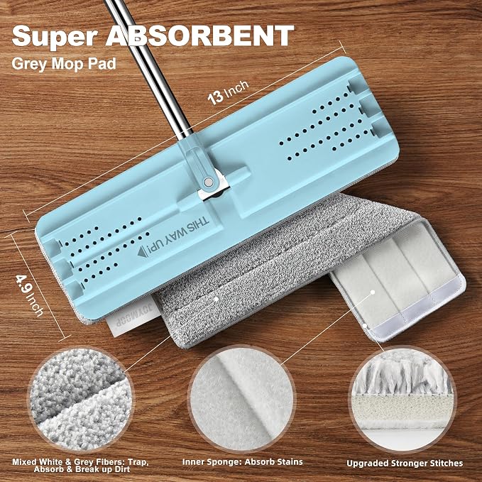 JOYMOOP Flat Mop System, Microfiber Floor Cleaning Tool, 50" Handle with 13" Flat Head, Pale Aqua, Includes Washable Microfiber Pad