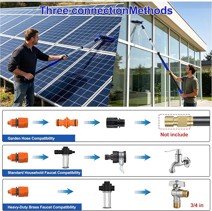 30FT Reach Solar Panel Cleaning Brush Kit with 5-24FT Telescoping Pole, 40FT Hose, 20" Water Fed Brush, Soap Dispenser, Cobweb Duster, Squeegee & High Ceiling Duster for Roof, RV, Gutter, Boat, Deck