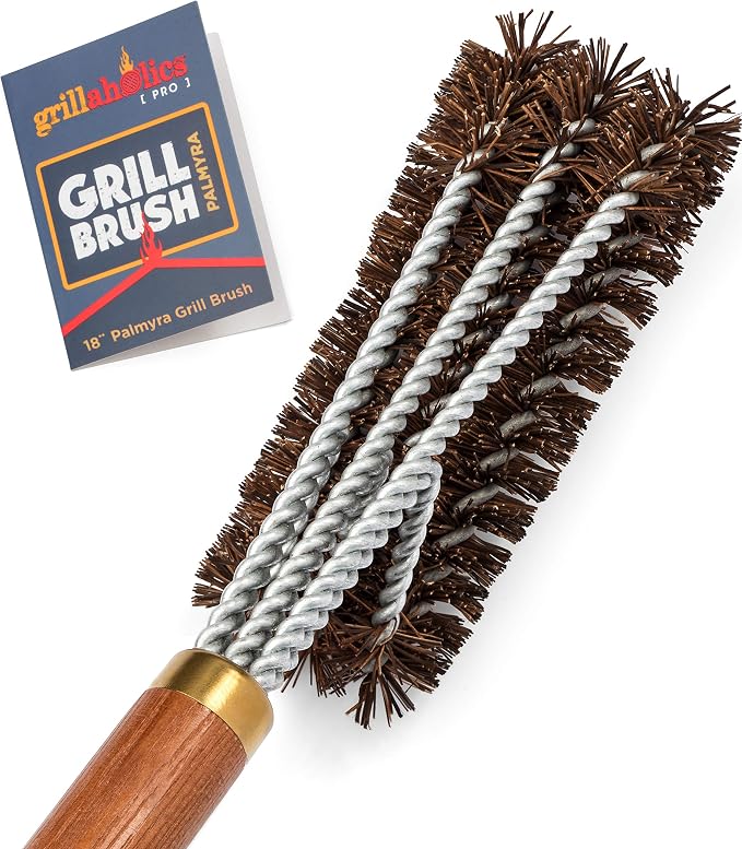 Natural Palmyra Fiber Bristle Grill Brush with Wooden Handle | All Natural | Non-Metal Bristles | Naturally Season Grill Grates
