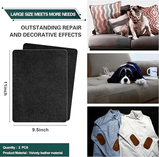 Azobur Couch Patch Repair Fabric,Microfiber Fabric, Self-Adhesive, for Sofa Repair and Upholstery, 2 Pieces, 9.5 x 11 inches (Black)