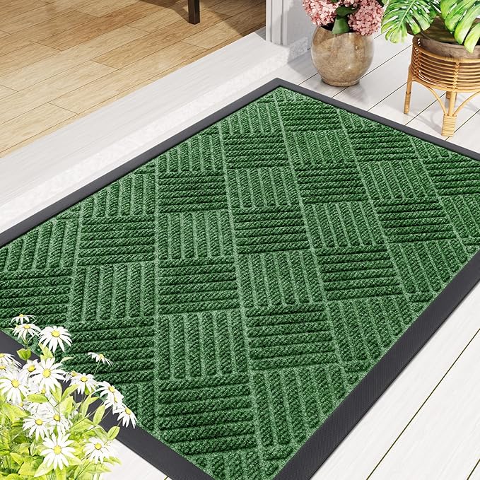 Smiry Front Door Mat Outside Entrance, Heavy Duty Outdoor Indoor Natural Rubber Doormat, Non Slip, Trap Dirt and Moisture, Easy Clean, Low Profile Patio Porch Entryway Mat, 47x23, Green