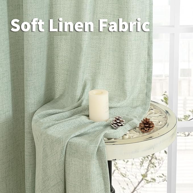 YoungsTex Sage Green Linen Curtains 90 Inch Length Living Room, Textured Semi Sheer Drapes Light Filtering with Pinch Pleated Window Treatments for Bedroom Dining Room, 2 Panels, 40 X 90 Inch