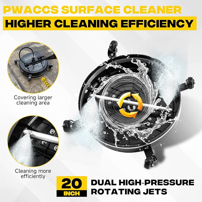 PWACCS 20" Pressure Washer Surface Cleaner with 4 Wheels and Dual Handle | Power Washer Driveway Attachment, For Concrete, Patio, Sidewalk, Deck, Black, 4500 PSI