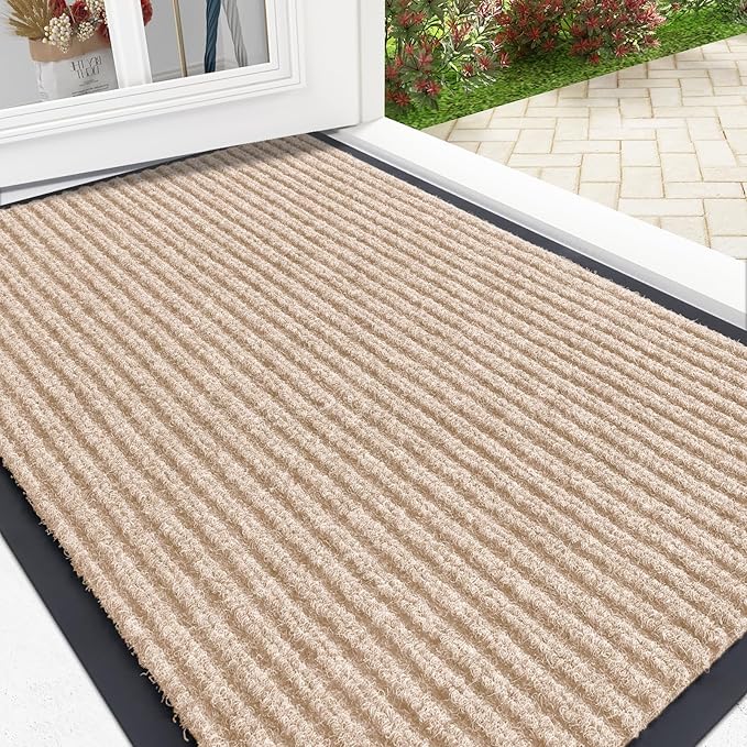OLANLY Front Door Mat Indoor Outdoor Entrance, Waterproof Heavy Duty Doormat, Fade Resistant, Low Profile, Easy Clean Patio Porch Welcome Floor Mats for Entry, 33x21, Beige