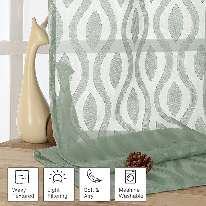 Aiyufeng Sage Green Curtains 45 Inch Length 2 Panels Set, Farmhouse Clip Jacquard Textured Short Sheer Curtains, Lightweight Chic Wavy Line Window Curtain Panels for Bedroom, 40" Wx45 L Inches
