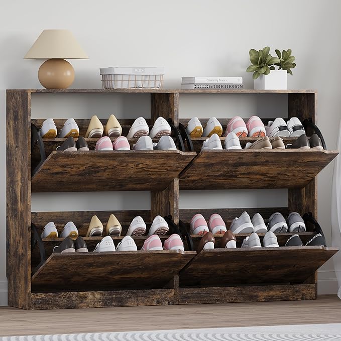 Shoe Cabinet with 4 Flip Drawers, Narrow Hidden Shoe Storage Cabinet, Slim Freestanding Shoe Rack Organizer for Entryway, Hallway, Bedroom, Living Room