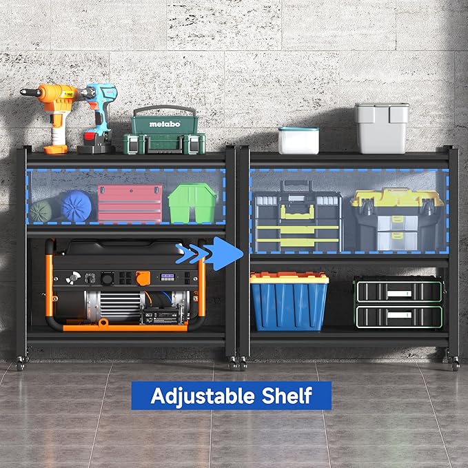 3 Tier Adjustable Garage Storage Shelving,Heavy Duty Utility Rack Shelf Unit on 4 Wheel Casters,Standing shelves for Garage, Home, Pantry,Kitchen,Warehouse,Bathroom & Laundry,Storage Rack - Black