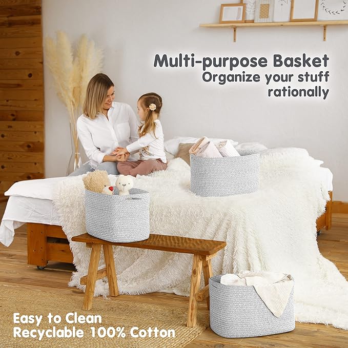 CHAT BLANC Cotton Rope Baskets for Organizing | Storage Baskets for Shelves | Rope Basket for Storage, Small Laundry Baskets, Woven Baskets for Storage, Dog Toy Bin, Baby Basket, Gray 3 Pack