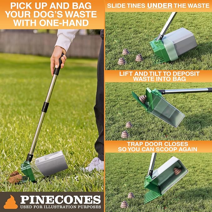 Neater Pet Brands Lift N’ Bag 2.0 Dog Pooper Scooper with Bag Attachment & 31" Pole for Small to Large Dogs, New Longer Pole, 15 Refill Bags, Heavy Duty Dog Poop Scooper for Yard, One-Hand Use