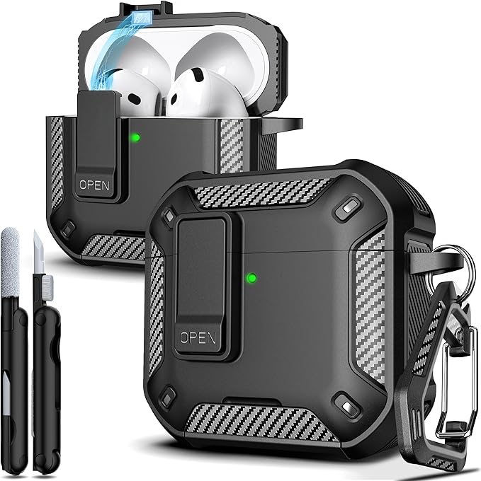R-FUN for AirPods 4 Case with Lock Magnetic Lid MagSafe, Black | Compatible with Apple AirPods 4th Generation Protective Case with Cleaner Kit & Carabiner, Powerful Drop Protection