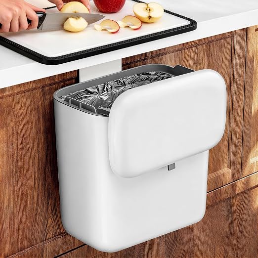 Hanging Trash Can with Lid, Kitchen Compost Bin, Waterproof Odor-Blocking Countertop Trash Can for Cabinet Door, Under Sink, Bathroom, RV and Office