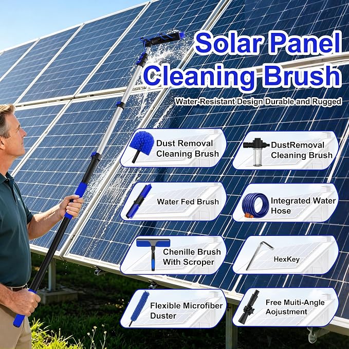 30FT Reach Solar Panel Cleaning Brush Kit with 5-24FT Telescoping Pole, 40FT Hose, 20" Water Fed Brush, Soap Dispenser, Cobweb Duster, Squeegee & High Ceiling Duster for Roof, RV, Gutter, Boat, Deck