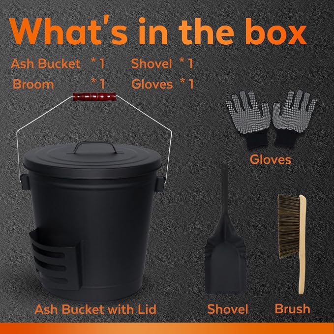 5.2 Gallon Ash Bucket with Lid and Shovel, Metal Fireplace Ash Bucket with Broom, Complete Fireplace Tools Set for Wood Stove and Fireplace