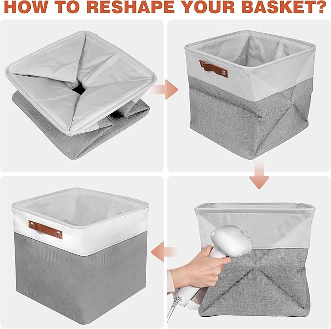 12in Open Fabric Storage Basket with Leather Handles for Organizing, Collapsible Linen Closet Bins for Shelves, Closets, Laundry, Decorative Basket for Gifts. (White＆Gray, 3PCS/12x12in)