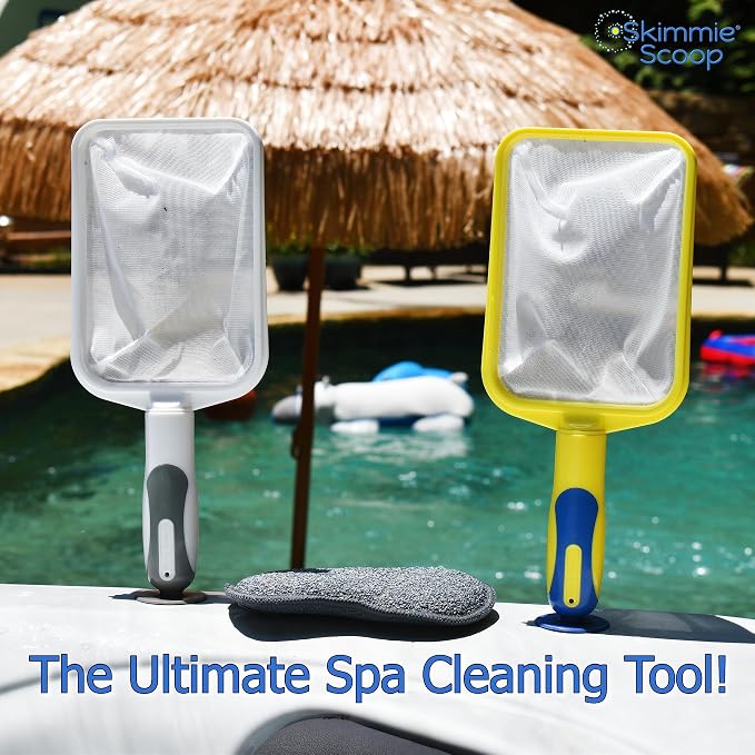 The Skimmie Scoop - Patented Handheld Skimmer with Fine Mesh Net for Spa, Hot Tub, Cold Plunge and Small Pool Cleaning - Lightweight and Durable with Powerful Suction Cup - Clean Out Filter (Yellow)