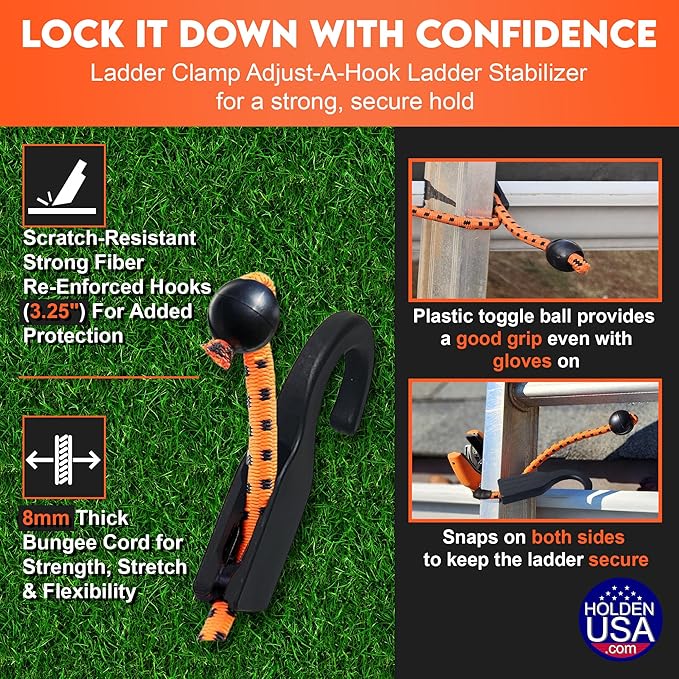 Holden USA - Ladder Clamp - Stabilizer Clip – Secure Safety Clamp for Roof, Gutters, and Wall Prep – Durable Support Cord for Roofing and Gutter Tasks (Black Orange Single)