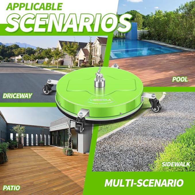 LidoDola 19'' Pressure Washer Surface Cleaner Green, Power Washer Accessory | Stainless Steel Housing with 4 Wheels, 1/4" QC, 2 Extension Wands & 2 Replacement Nozzles, for Gas & Electric Pressure Washer