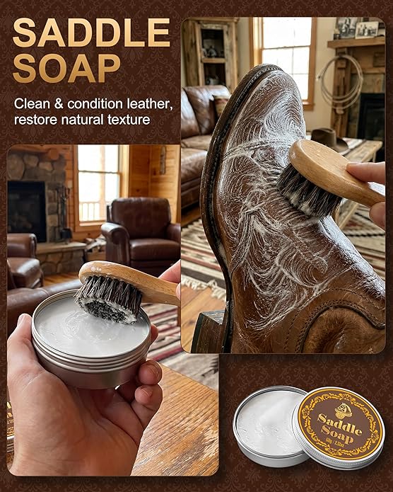 Jevvu Leather Shoe Cleaning Kit with Saddle Soap, Mink Oil & Waterproof Wax | Boot Cleaner & Shoe Shine Kit with Horsehair Brushes, Polish Cloths & Towel for Cowboy Boots, Work Boots, Shoes & Tack