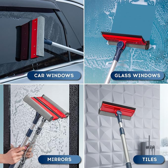 Professional Window Squeegee | 2-in-1 Window Cleaner Sponge and Soft Rubber Strip With Telescopic Extension Pole 20" - 30"(50cm-76cm) | Adjustable To Clean From Multiple Angles