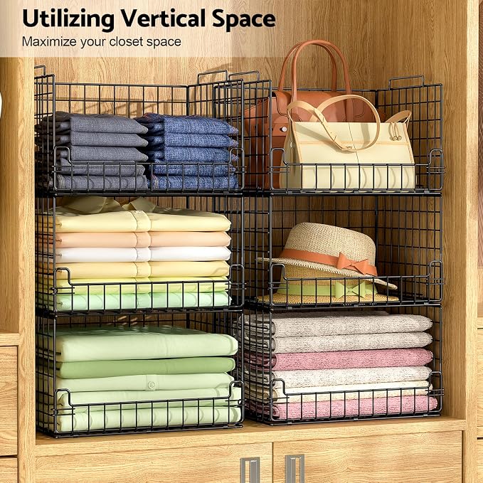 6-Tier Stackable Closet Organizers and Storage Basket - Foldable Closet Shelf Organizer System, Sturdy Metal Space-Saving Clothes Storage Bins for Wardrobe, Black