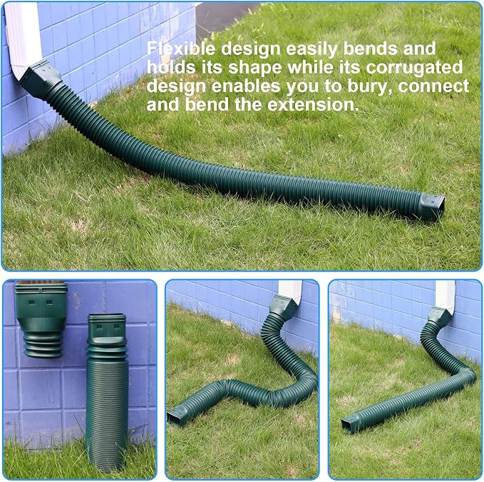 plusgutter 16.5ft Long Gutter Downspout Extensions Flexible, 4" Diameter Drain Downspout Extender, Down Spout Drain Extender for Rainwater Drainage, Extendable from 3.4ft to 16.5ft(1Pack Green)