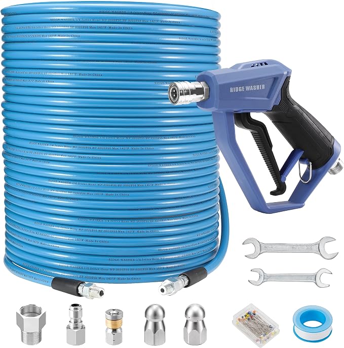 Sewer Jetter Kit for Pressure Washer, 200FT | 3600 PSI Drain Cleaning Hose Short Pressure Washer Gun, 1/4 Inch NPT Corner, Rotating and Button Nose Sewer Jetting Nozzle