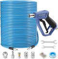 Sewer Jetter Kit for Pressure Washer, 200FT | 3600 PSI Drain Cleaning Hose Short Pressure Washer Gun, 1/4 Inch NPT Corner, Rotating and Button Nose Sewer Jetting Nozzle