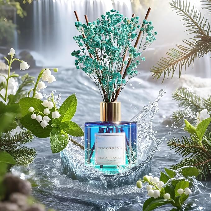 Reed Diffuser - Niagara Falls 6.7 Fl.oz Reed Diffuser Set with 8 Sticks & Preserved Baby's Breath, Reed Diffuser for Home Bathroom Shelf Decor