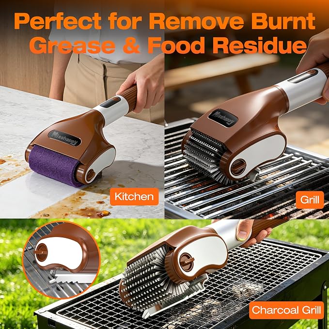 Misshappy Electric BBQ Grill Brush - 4000mAh Cordless BBQ Grill Cleaner 2 Speed - 800RPM Bristle Free Electric Grill Cleaner for Outdoor Grill Rechargeable with Scraper/LED Light/LED Display (Brown)