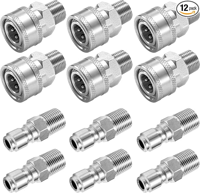 3/8 Inch NPT Pressure Washer Quick Connect Adapter Set, 12-Piece | Stainless Steel Male Thread Fittings for Compatible Hose, Gun, Wand and Surface cCeaner Connections, Rated Up to 5000 PSI