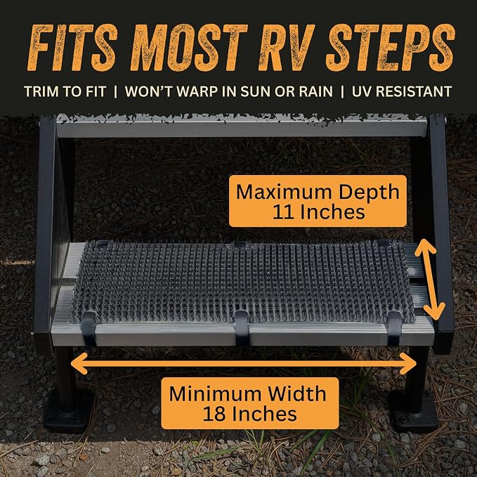 TrailScrubber RV Step Covers, Boot Brush Scrubber Mat for Camper Steps | RV Step Brush & Camper Step Covers, Fits Steps 18.5-22 in Wide, Non Slip Bristle Tread, Hose-off Clean, Straps Included
