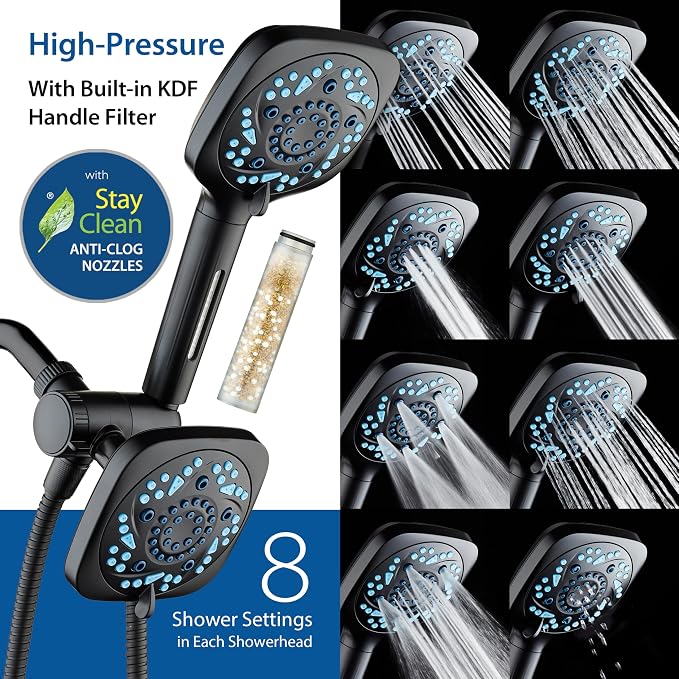 AquaCare 82-Mode High Pressure 6-way Combo with Filter & 2-mode Power Wash | Filters Chlorine & Toxins, Softens Hard Water for Healthy Skin & Hair. Handheld Shower Head Cleans Tub, Tile & Pets / Black