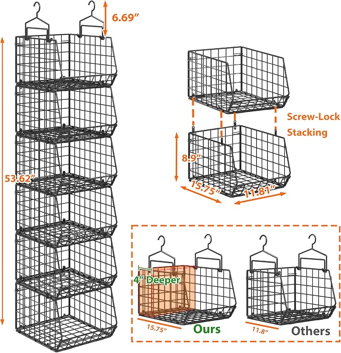 6-Tier Extended Depth Hanging Closet Organizers and Storage for Closet Organization, Stackable Hanging Shelves with Hooks for Clothes Sweaters Towels Purses, Fits Closet Shelves & Wire Metal Shelving